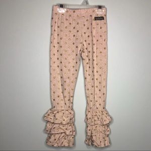 Matilda Jane pink leggings with gold polka dots and ruffle cuffs